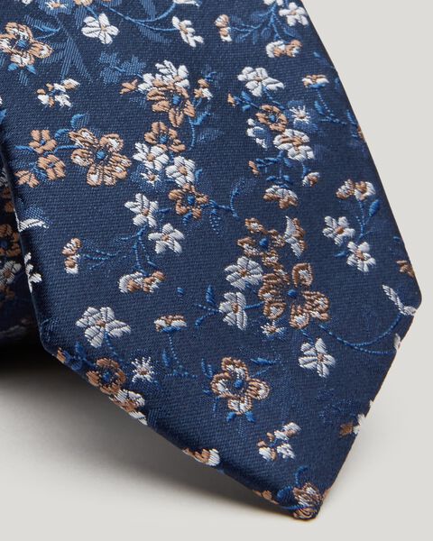 Navy/Tan Small Scale Floral Silk Tie 